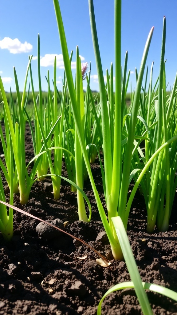 Onion Growing Guide for Spring 2025 A garden bed with green onion plants growing in rich soil under a blue sky.